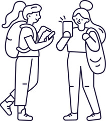 Young woman holding phone linear  illustration