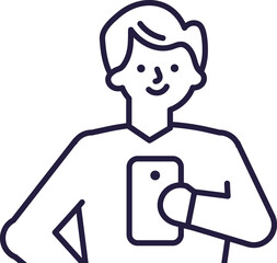 Young man, guy holding phone linear  illustration