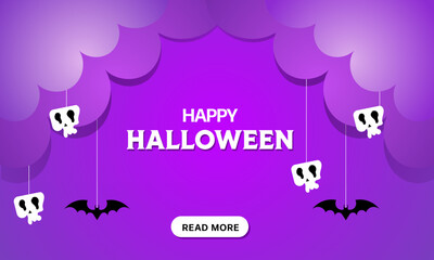 Halloween Promotion poster or banner template. Halloween night seen with big moon, Pumpkin ghost, Witch Hat, cute ghost, cartoon skull and halloween elements. Spooky website or banner template