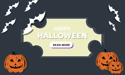 Halloween Promotion poster or banner template. Halloween night seen with big moon, Pumpkin ghost, Witch Hat, cute ghost, cartoon skull and halloween elements. Spooky website or banner template