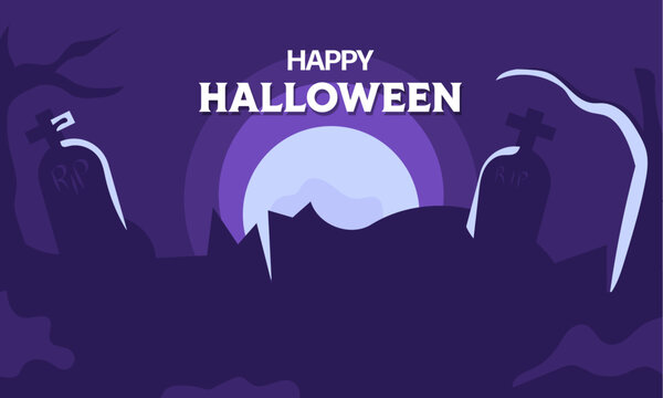 Halloween Promotion poster or banner template. Halloween night seen with big moon, Pumpkin ghost, Witch Hat, cute ghost, cartoon skull and halloween elements. Spooky website or banner template