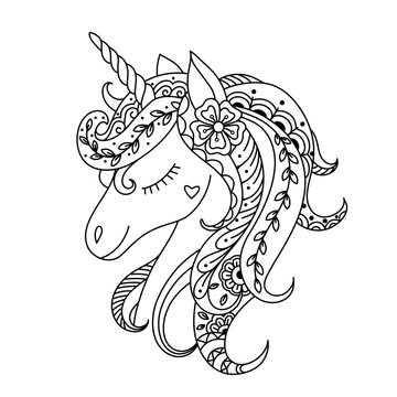 Cute unicorn. Antistress coloring unicorn in zentangle style. Doodle animal. Vector illustration for t-shirt print, tattoo, logo.Contour linear illustration.