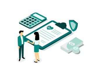 Health insurance with Policy Document and money, Isometric flat vector illustration.