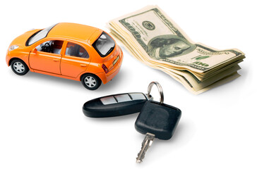 New  car with keys and money, isolated on white