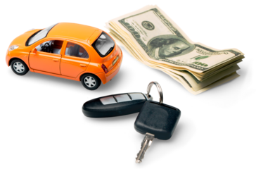 New  car with keys and money, isolated on white