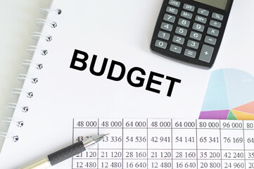 Notepad with text BUDGET 2023, calculator and pen on desktop, top view.