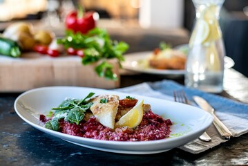 white fish with beetroot rissotto