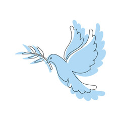 Blue pigeon silhouette, dove of peace with olive branch. Vector hand drawn illustration for world peace, help and support.