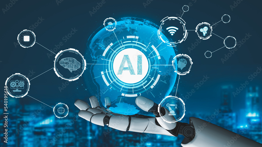 Poster futuristic robot artificial intelligence revolutionary ai technology development and machine learnin