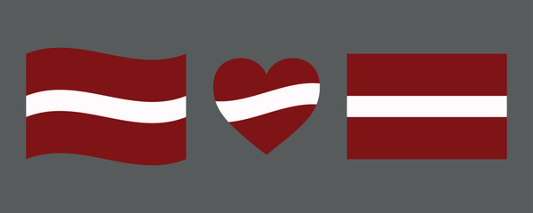 Latvian flag signs set. Latvian heart shape decorative element. Independence Day of Latvia. National symbols for Latvia holidays. - obrazy, fototapety, plakaty