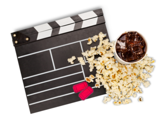 Bucket of Popcorn with Clapperboard, Coca Cola and Tickets
