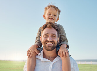Family, father and child with smile at nature park for fun, relax and freedom with a blue sky. Portrait of happy man and playful boy kid outdoor for love, piggyback and bonding on a summer vacation - obrazy, fototapety, plakaty