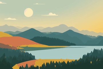 Fototapeta na wymiar landscape with lake trees sun and mountains