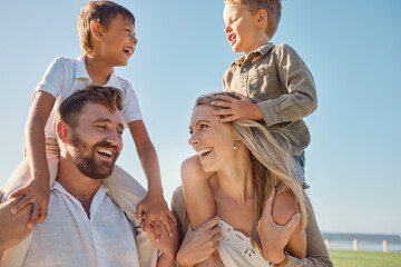 Happy family, travel and beach, kids relax on holiday while playing a shoulder game and having fun...
