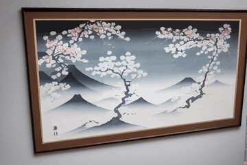 oriental landscape with young trees sakura blossom on the wall