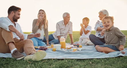 Love, picnic and family happiness with people smile and relax at a park or field, bonding and...