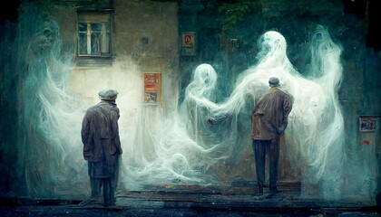 Illustration of ghosts and the dead. Thoughts of people dying.