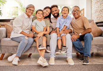 Big family, children or bonding on sofa in house or home living room with senior grandparents,...