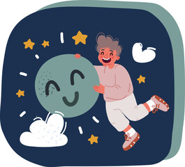 Cartoon vector illustration of little boy hold happy emoji in his hands