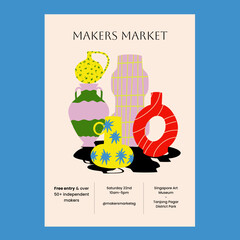 Makers Market Aesthetic Clean Poster with Contemporary Pottery Illustration. Hand Drawn Illustration.