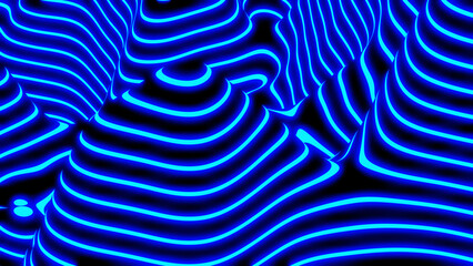 Abstract neon glowing background, 3D blue fantasy lines on black striped modern technology and science design, 3d render illustration. - obrazy, fototapety, plakaty