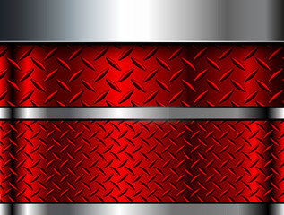 Metallic silver red background, 3d metal shiny chrome with diamond plate texture