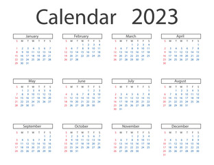 Calendar 2023 year. Vector illustration. The week starts on Sunday.