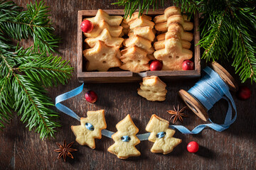Cute butter cookies chain as Christmas ornaments.