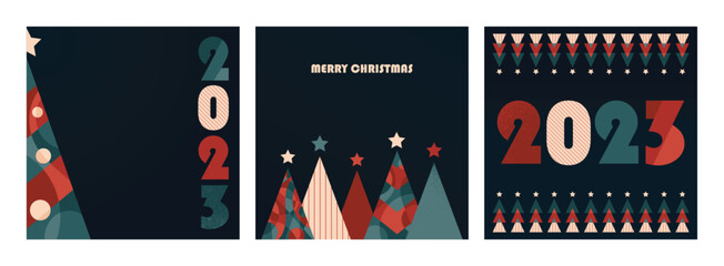 Christmas tree abstract retro design, set of winter xmas holiday greeting cards