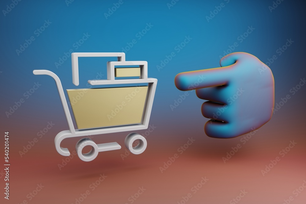 Poster Beautiful illustrations abstract Hand index finger points to Shopping Cart symbol icon on a multicolor bright background. 3d rendering illustration. Background pattern for design.