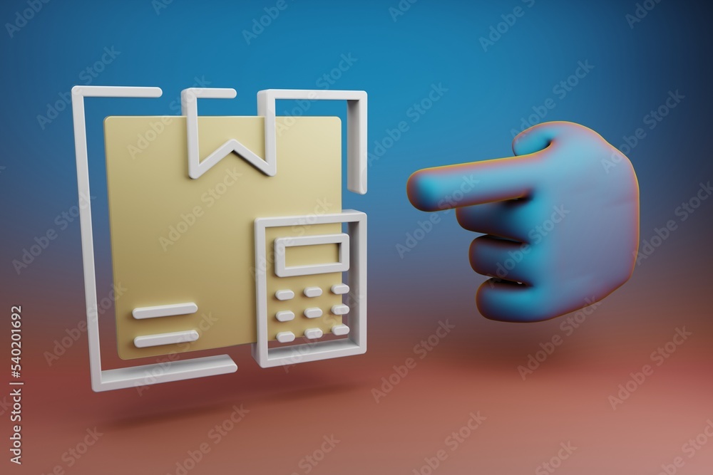 Fototapete Beautiful illustrations abstract Hand index finger points to Delivery Box Calculator symbol icon on a multicolor bright background. 3d rendering illustration. Background pattern for design.