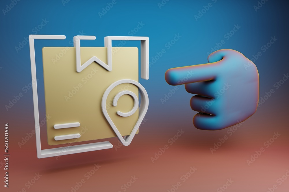 Poster Beautiful illustrations abstract Hand index finger points to Delivery Box Tracking symbol icon on a multicolor bright background. 3d rendering illustration. Background pattern for design.