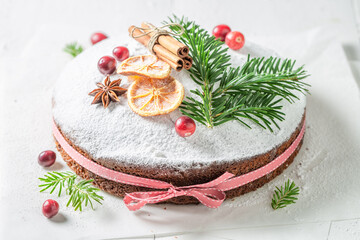 Sweet poppy seed cake with dried fruits for Christmas.