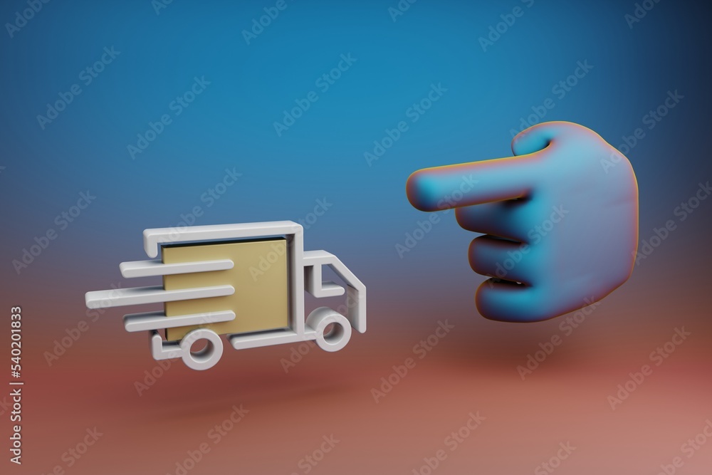 Aufkleber Beautiful illustrations abstract Hand index finger points to Delivery Truck symbol icon on a multicolor bright background. 3d rendering illustration. Background pattern for design.