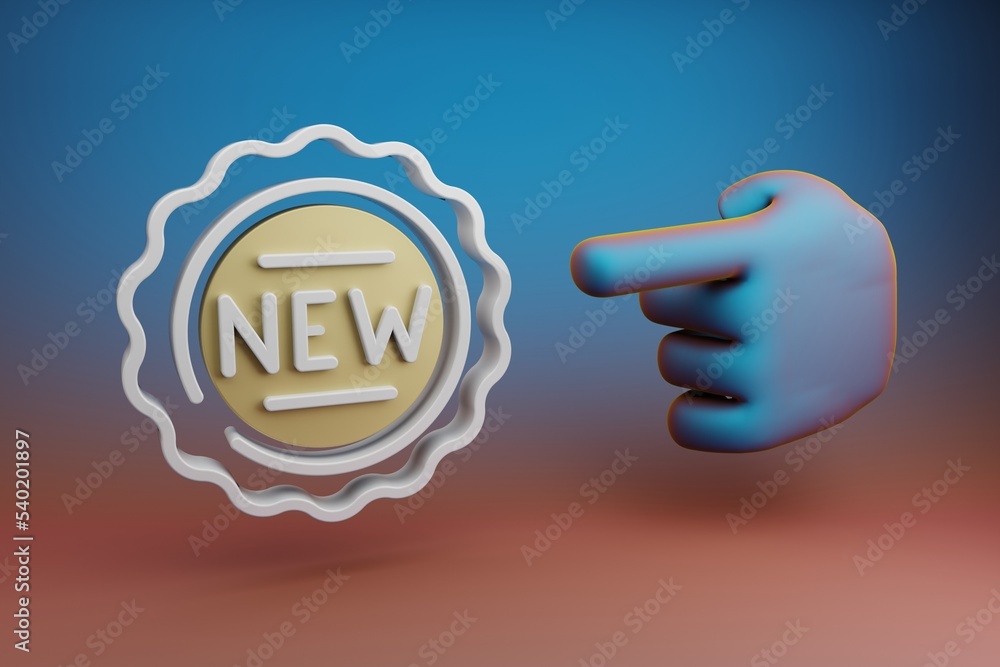 Poster Beautiful illustrations abstract Hand index finger points to New Badge symbol icon on a multicolor bright background. 3d rendering illustration. Background pattern for design.