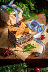 Traditionally poppy seed cake made with raisins for Christmas.