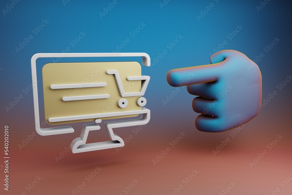 Poster beautiful illustrations abstract hand index finger points to desktop online shopping symbol icon on 
