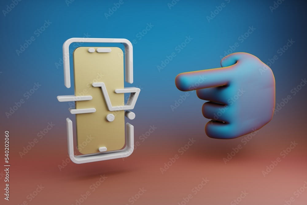 Fototapete beautiful illustrations abstract hand index finger points to smartphone online shopping symbol icon 