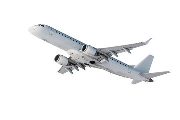 White passenger jet plane flying isolated on transparent background