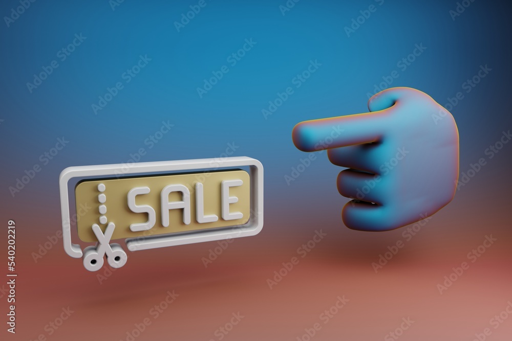 Poster Beautiful illustrations abstract Hand index finger points to Sale Badge symbol icon on a multicolor bright background. 3d rendering illustration. Background pattern for design.