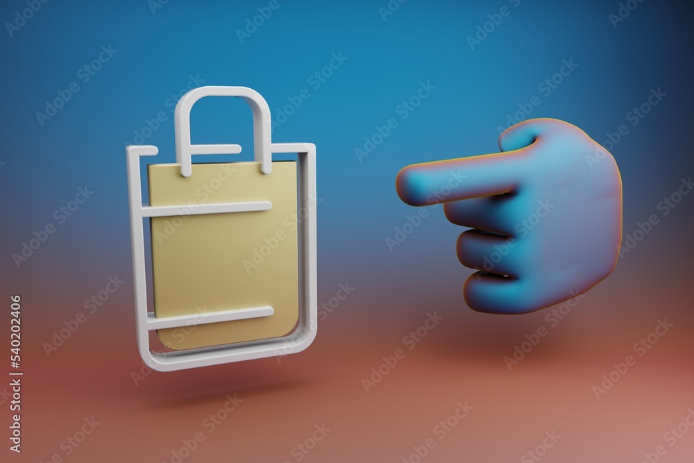 Poster Beautiful illustrations abstract Hand index finger points to Shopping Bag symbol icon on a multicolor bright background. 3d rendering illustration. Background pattern for design.