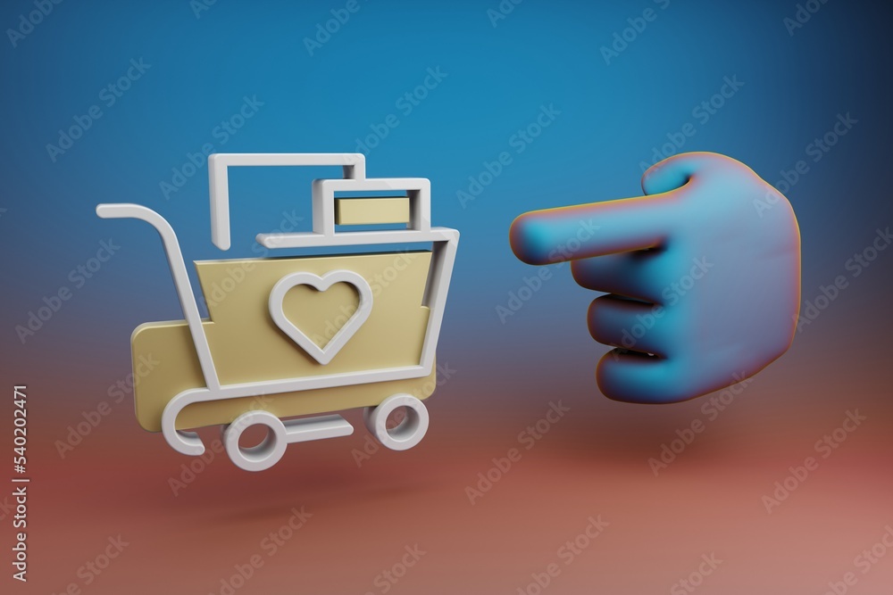 Poster Beautiful illustrations abstract Hand index finger points to Shopping Cart And Heart symbol icon on a multicolor bright background. 3d rendering illustration. Background pattern for design.