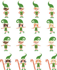 Cheerful elves in different poses, with different hair and skin colors. Santa's helpers. Girls and boys in elf costumes. New Year illustration in flat style. Vector image.
