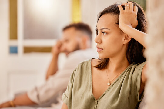 Angry, Argue And Divorce With A Black Woman Ignoring Her Husband While Sitting On A Sofa In The Living Room. Stress, Couple And Fight With A Wife Feeling Anger During A Conflict With Her Cheating Man