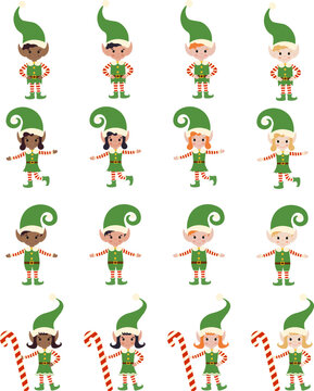 Cheerful elves in different poses, with different hair and skin colors. Santa's helpers. Girls and boys in elf costumes. New Year illustration in flat style. Vector image.