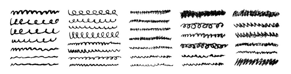 Obraz premium Charcoal grunge strokes and borders set. Coal pencil sketches. Grunge strokes, lines and curves collection. Charcoal pencil hatches and scribbles.