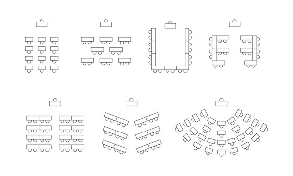Set of plan seats in restaurant or home top view. Chairs and tables line icons. Scheme, blueprint, architectural plan. Vector illustration on white background