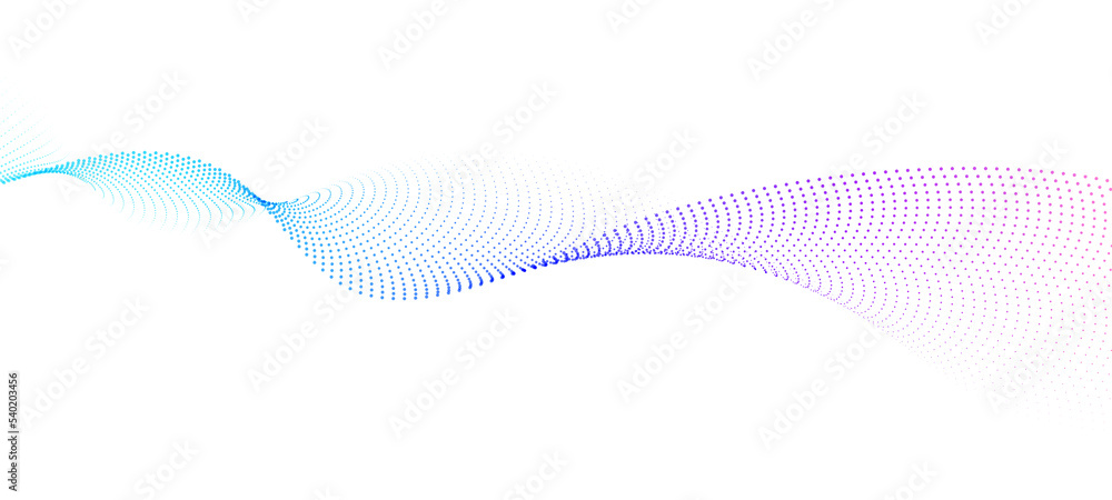 Poster Abstract dot particles wavy flowing curve pattern by colorful gradient blue purple pink on transparent background in concept of technology, science, music, modern.