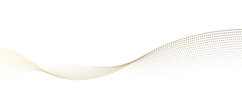 Abstract dot particles wavy flowing curve pattern by gold gradient color on transparent background in concept of luxury, technology, science, music, modern.