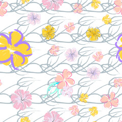 Pink Flowers Blooming Pattern. Pastel Watercolor.
